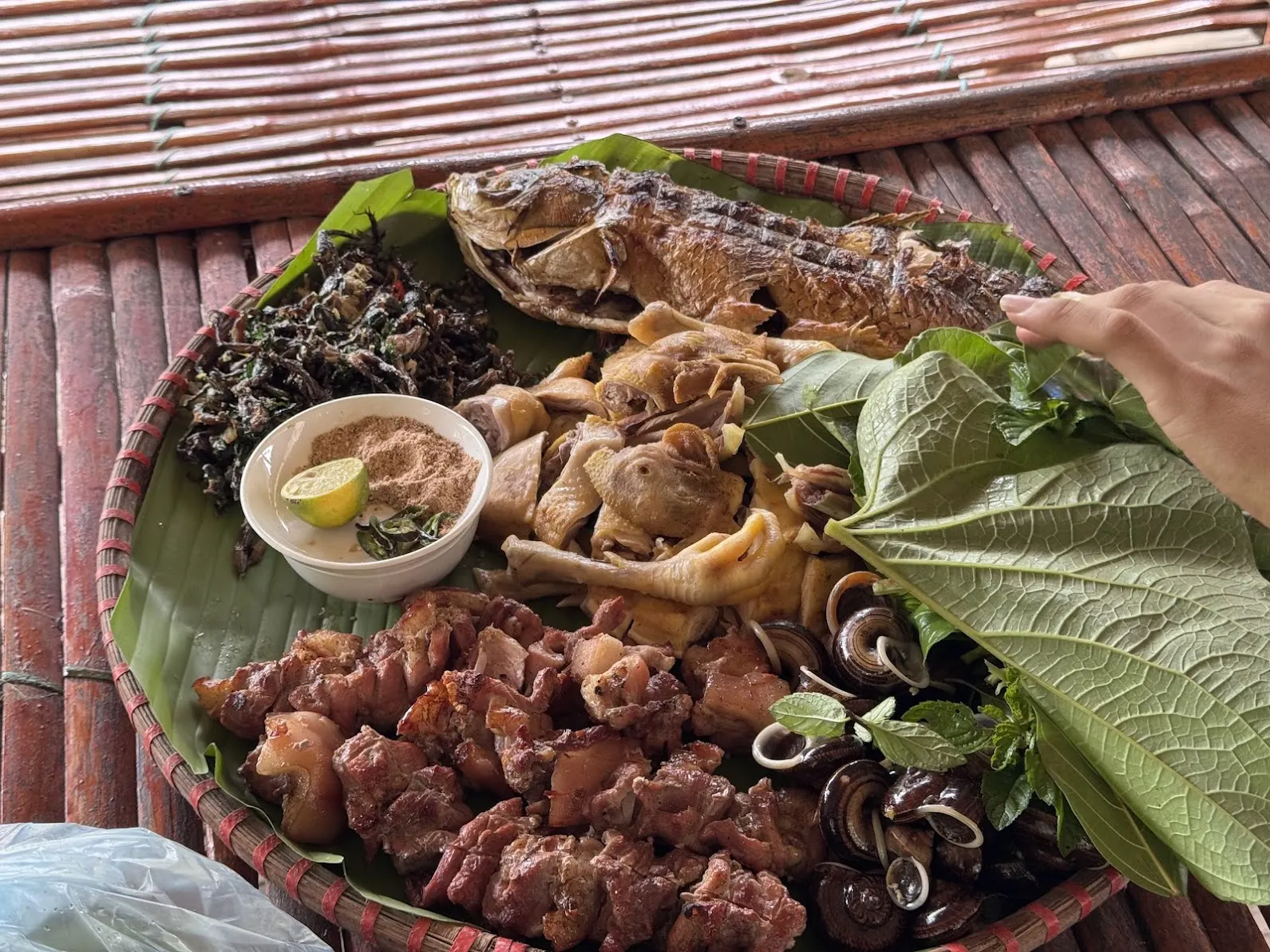 Mẹt cỗ lá với cá suối nướng, gà đồi, thịt lợn bản và ốc núi